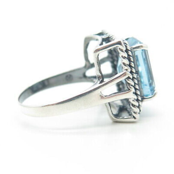 925 Sterling Silver Vintage Real Emerald-Cut Shaped Blue Topaz Ring Size 8 - Picture 4 of 9